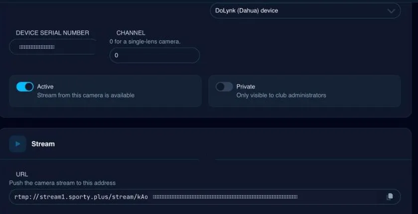 A camera's settings in SportyPlus, showing the RTMP address to push the camera stream to