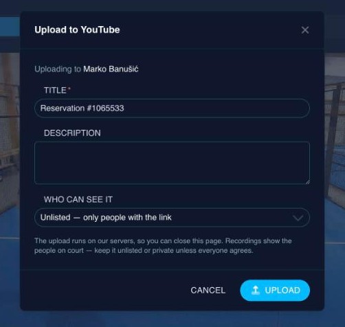 The Upload to YouTube dialog in SportyPlus, showing the title, description and a "who can see it" setting defaulting to unlisted