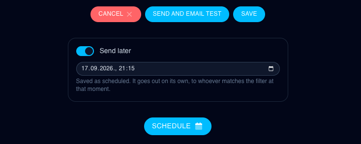The Send later switch in the SportyPlus campaign composer, with a date and time picker and a Schedule button