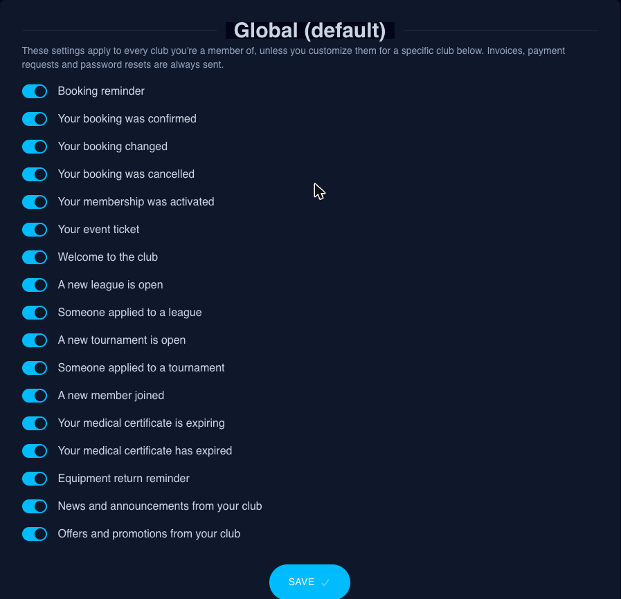 A member's email preferences in SportyPlus: switches for each transactional email, plus separate switches for news and announcements from your club and offers and promotions from your club